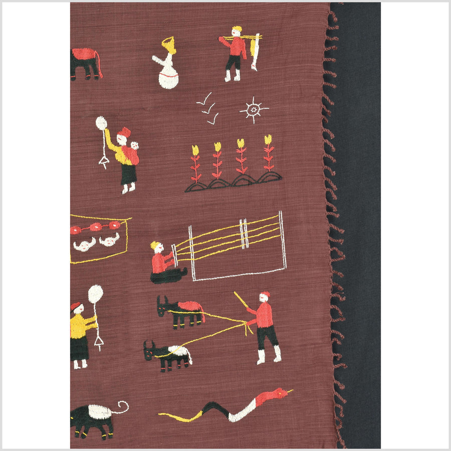 Chocolate brown cotton story quilt Naga tribal textile ethnic embroidered boho fabric Burma hill tribe tapestry Thailand India Hmong MP89