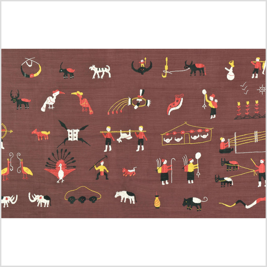 Chocolate brown cotton story quilt Naga tribal textile ethnic embroidered boho fabric Burma hill tribe tapestry Thailand India Hmong MP89