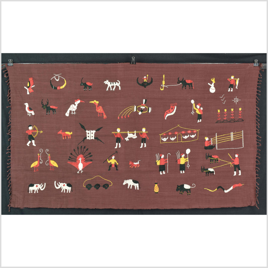 Chocolate brown cotton story quilt Naga tribal textile ethnic embroidered boho fabric Burma hill tribe tapestry Thailand India Hmong MP89