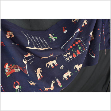 Cobalt blue cotton story quilt Naga tribal textile ethnic embroidered boho fabric Burma hill tribe tapestry Thailand India Hmong MP8