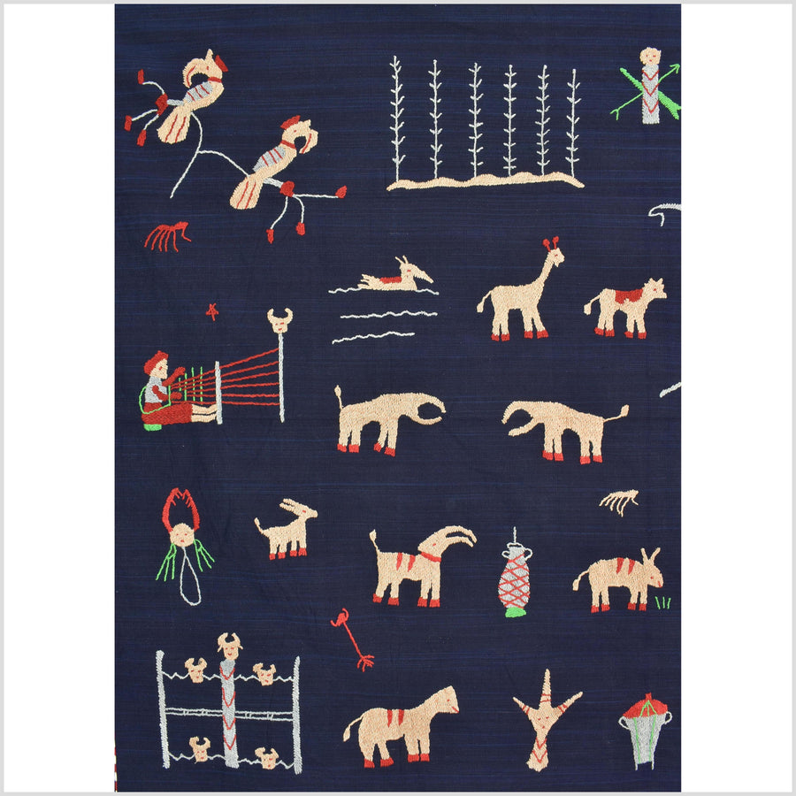 Cobalt blue cotton story quilt Naga tribal textile ethnic embroidered boho fabric Burma hill tribe tapestry Thailand India Hmong MP8