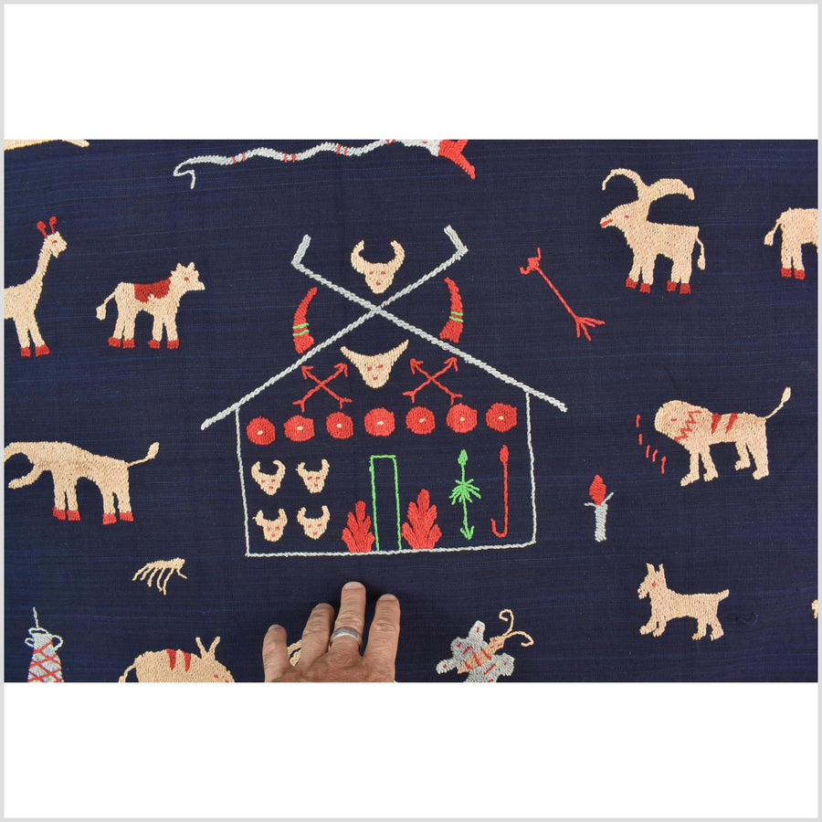 Cobalt blue cotton story quilt Naga tribal textile ethnic embroidered boho fabric Burma hill tribe tapestry Thailand India Hmong MP8