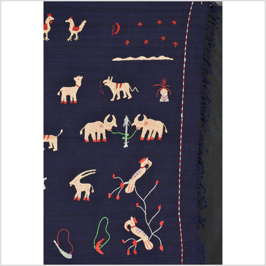 Cobalt blue cotton story quilt Naga tribal textile ethnic embroidered boho fabric Burma hill tribe tapestry Thailand India Hmong MP8