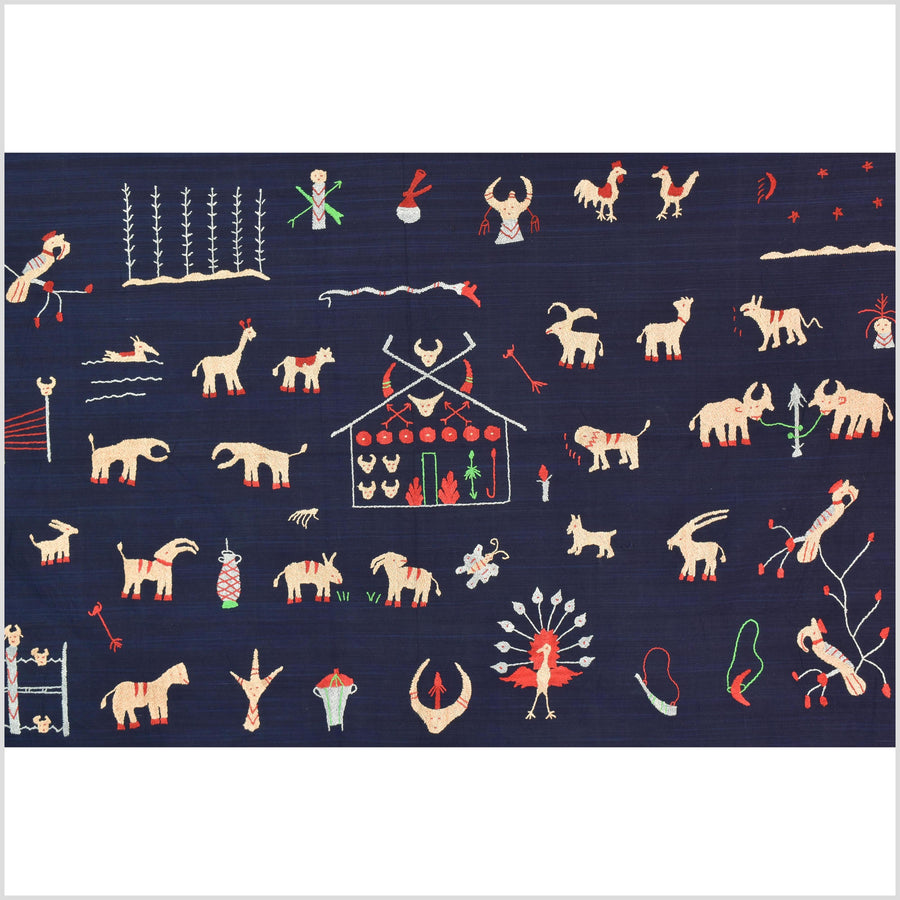 Cobalt blue cotton story quilt Naga tribal textile ethnic embroidered boho fabric Burma hill tribe tapestry Thailand India Hmong MP8
