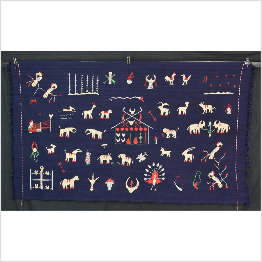 Cobalt blue cotton story quilt Naga tribal textile ethnic embroidered boho fabric Burma hill tribe tapestry Thailand India Hmong MP8