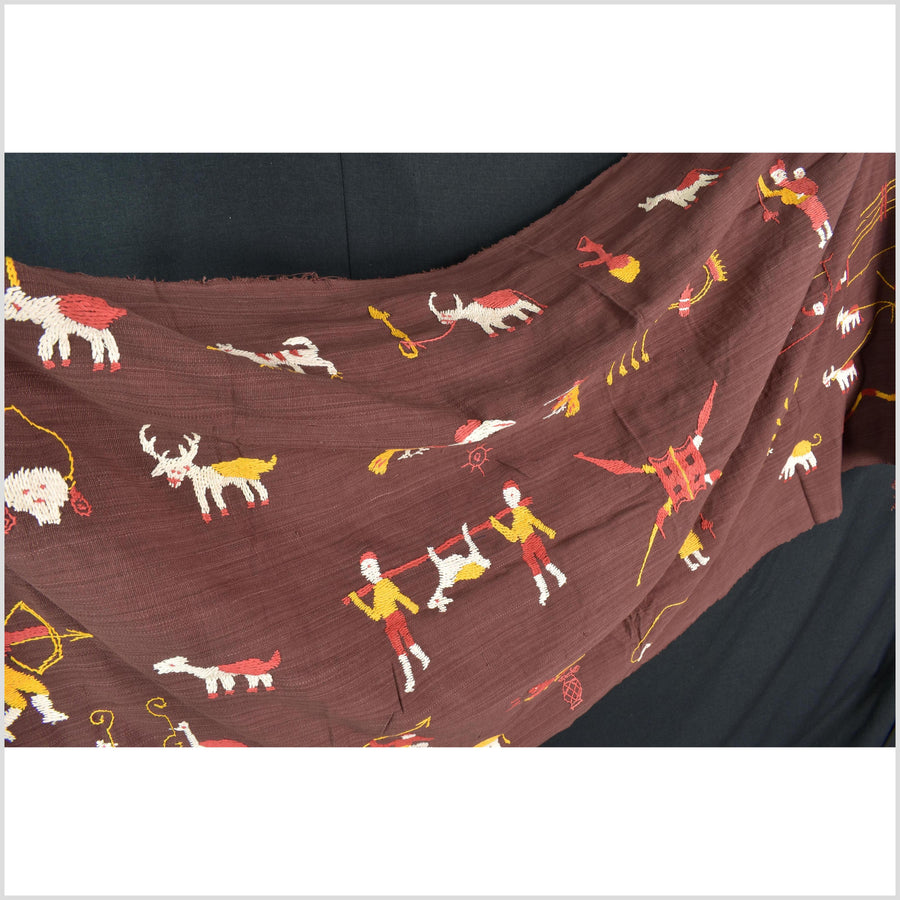 Chocolate brown cotton story quilt Naga tribal textile ethnic embroidered boho fabric Burma hill tribe tapestry Thailand India Hmong MP90