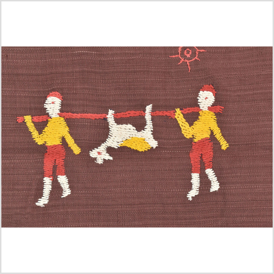 Chocolate brown cotton story quilt Naga tribal textile ethnic embroidered boho fabric Burma hill tribe tapestry Thailand India Hmong MP90