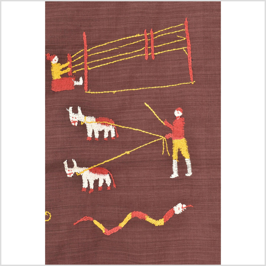 Chocolate brown cotton story quilt Naga tribal textile ethnic embroidered boho fabric Burma hill tribe tapestry Thailand India Hmong MP90