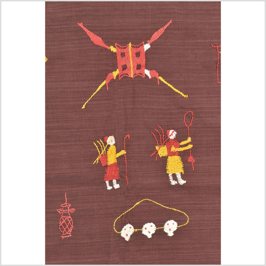 Chocolate brown cotton story quilt Naga tribal textile ethnic embroidered boho fabric Burma hill tribe tapestry Thailand India Hmong MP90