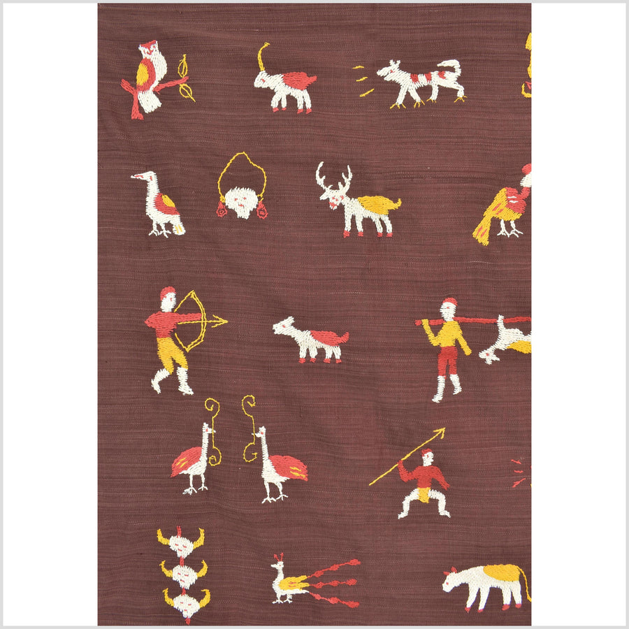 Chocolate brown cotton story quilt Naga tribal textile ethnic embroidered boho fabric Burma hill tribe tapestry Thailand India Hmong MP90