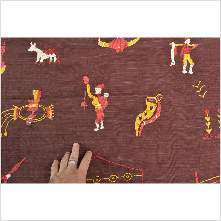 Chocolate brown cotton story quilt Naga tribal textile ethnic embroidered boho fabric Burma hill tribe tapestry Thailand India Hmong MP90