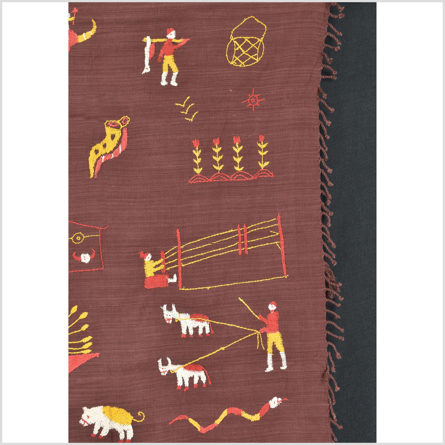 Chocolate brown cotton story quilt Naga tribal textile ethnic embroidered boho fabric Burma hill tribe tapestry Thailand India Hmong MP90