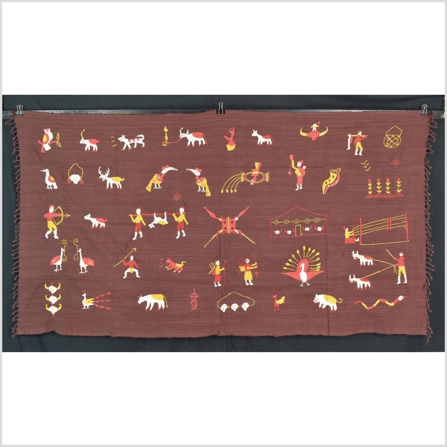 Chocolate brown cotton story quilt Naga tribal textile ethnic embroidered boho fabric Burma hill tribe tapestry Thailand India Hmong MP90