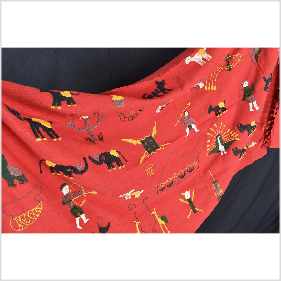 Red tomato cotton story quilt Naga tribal textile ethnic embroidered boho fabric Burma hill tribe tapestry Thailand India Hmong MP91