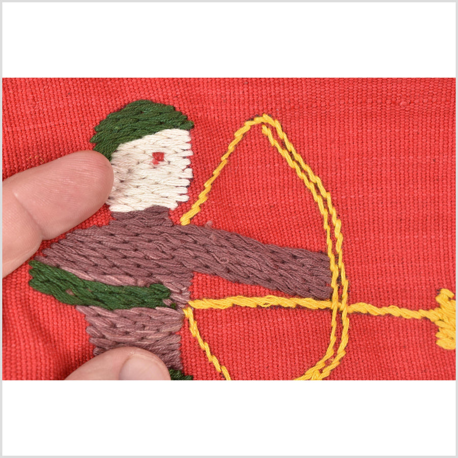 Red tomato cotton story quilt Naga tribal textile ethnic embroidered boho fabric Burma hill tribe tapestry Thailand India Hmong MP91