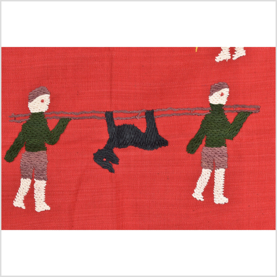 Red tomato cotton story quilt Naga tribal textile ethnic embroidered boho fabric Burma hill tribe tapestry Thailand India Hmong MP91