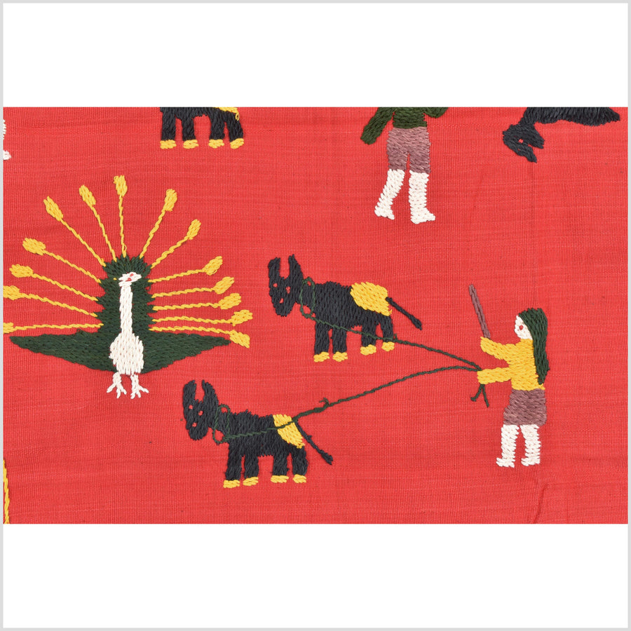 Red tomato cotton story quilt Naga tribal textile ethnic embroidered boho fabric Burma hill tribe tapestry Thailand India Hmong MP91