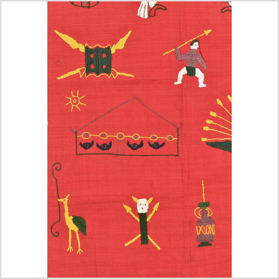 Red tomato cotton story quilt Naga tribal textile ethnic embroidered boho fabric Burma hill tribe tapestry Thailand India Hmong MP91