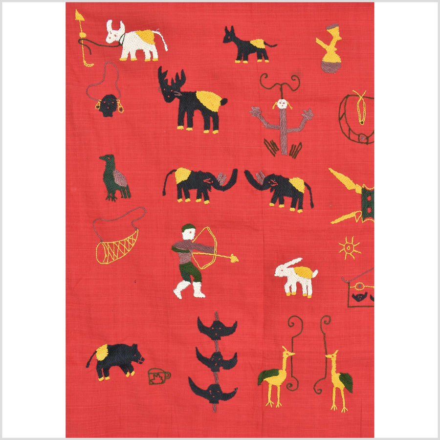Red tomato cotton story quilt Naga tribal textile ethnic embroidered boho fabric Burma hill tribe tapestry Thailand India Hmong MP91