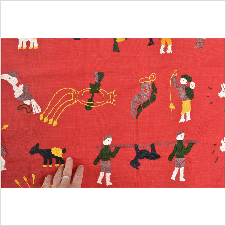 Red tomato cotton story quilt Naga tribal textile ethnic embroidered boho fabric Burma hill tribe tapestry Thailand India Hmong MP91
