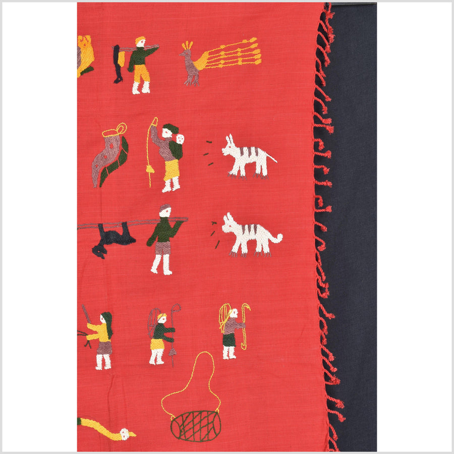 Red tomato cotton story quilt Naga tribal textile ethnic embroidered boho fabric Burma hill tribe tapestry Thailand India Hmong MP91