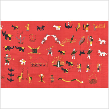 Red tomato cotton story quilt Naga tribal textile ethnic embroidered boho fabric Burma hill tribe tapestry Thailand India Hmong MP91