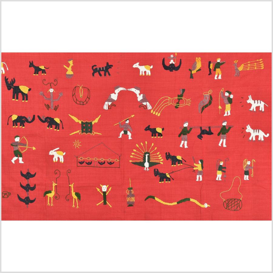 Red tomato cotton story quilt Naga tribal textile ethnic embroidered boho fabric Burma hill tribe tapestry Thailand India Hmong MP91