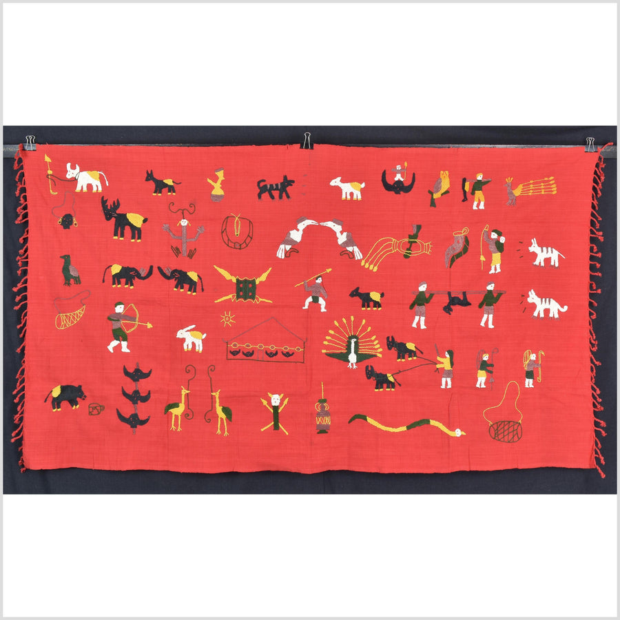 Red tomato cotton story quilt Naga tribal textile ethnic embroidered boho fabric Burma hill tribe tapestry Thailand India Hmong MP91