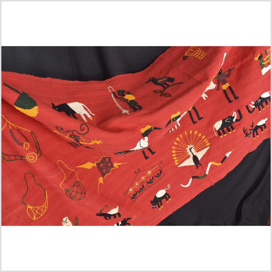 Red tomato cotton story quilt Naga tribal textile ethnic embroidered boho fabric Burma hill tribe tapestry Thailand India Hmong MP93