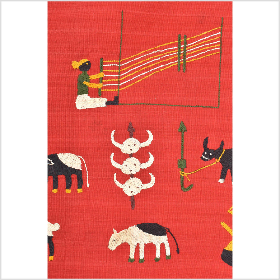 Red tomato cotton story quilt Naga tribal textile ethnic embroidered boho fabric Burma hill tribe tapestry Thailand India Hmong MP93