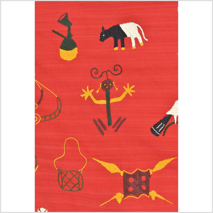 Red tomato cotton story quilt Naga tribal textile ethnic embroidered boho fabric Burma hill tribe tapestry Thailand India Hmong MP93