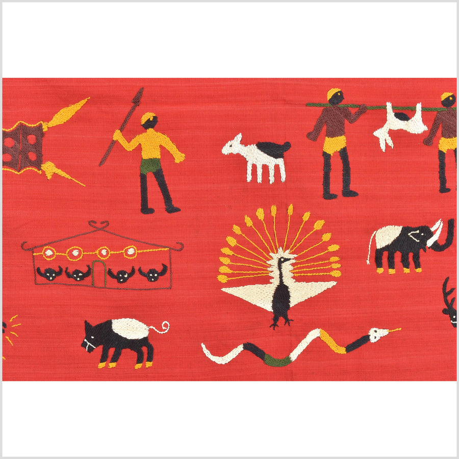 Red tomato cotton story quilt Naga tribal textile ethnic embroidered boho fabric Burma hill tribe tapestry Thailand India Hmong MP93