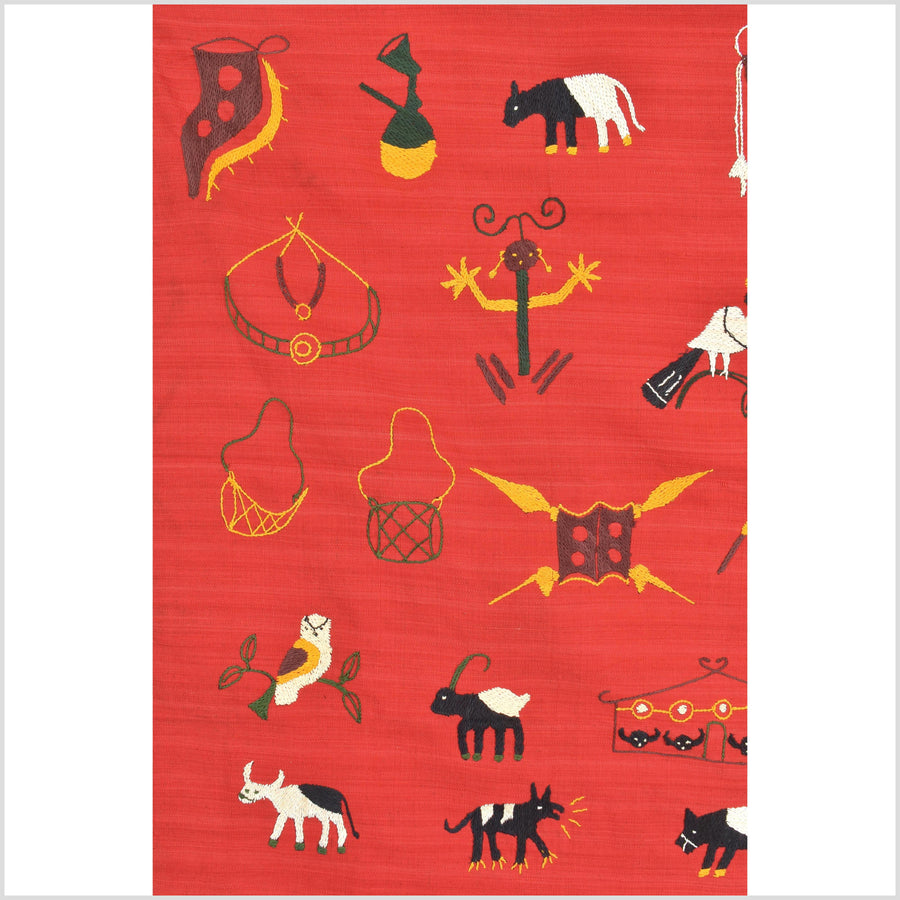 Red tomato cotton story quilt Naga tribal textile ethnic embroidered boho fabric Burma hill tribe tapestry Thailand India Hmong MP93