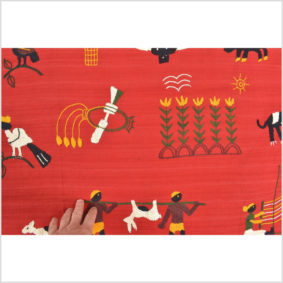 Red tomato cotton story quilt Naga tribal textile ethnic embroidered boho fabric Burma hill tribe tapestry Thailand India Hmong MP93