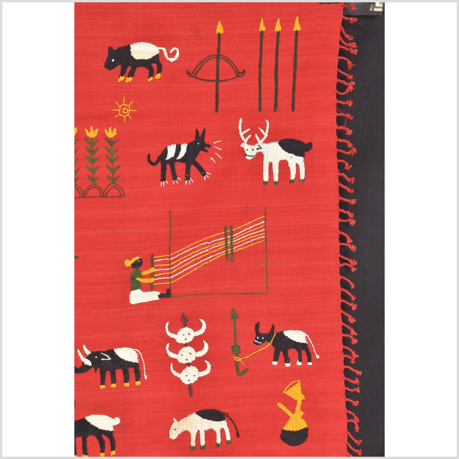 Red tomato cotton story quilt Naga tribal textile ethnic embroidered boho fabric Burma hill tribe tapestry Thailand India Hmong MP93