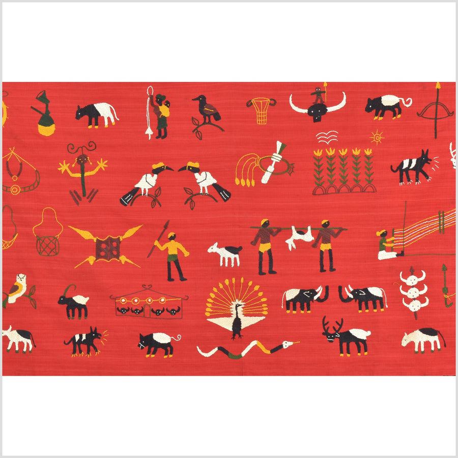 Red tomato cotton story quilt Naga tribal textile ethnic embroidered boho fabric Burma hill tribe tapestry Thailand India Hmong MP93