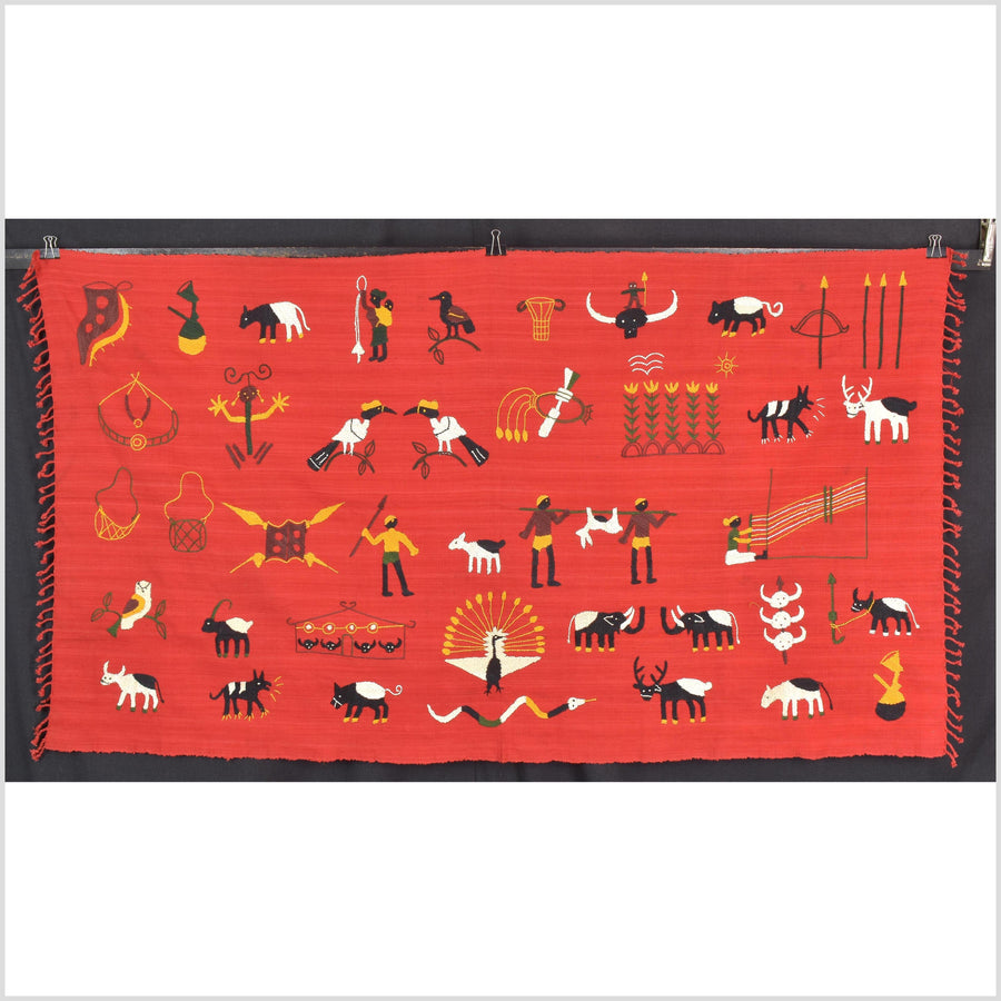 Red tomato cotton story quilt Naga tribal textile ethnic embroidered boho fabric Burma hill tribe tapestry Thailand India Hmong MP93