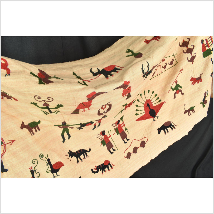 Straw yellow cotton story quilt Naga tribal textile ethnic embroidered boho fabric Burma hill tribe tapestry Thailand India Hmong MP97