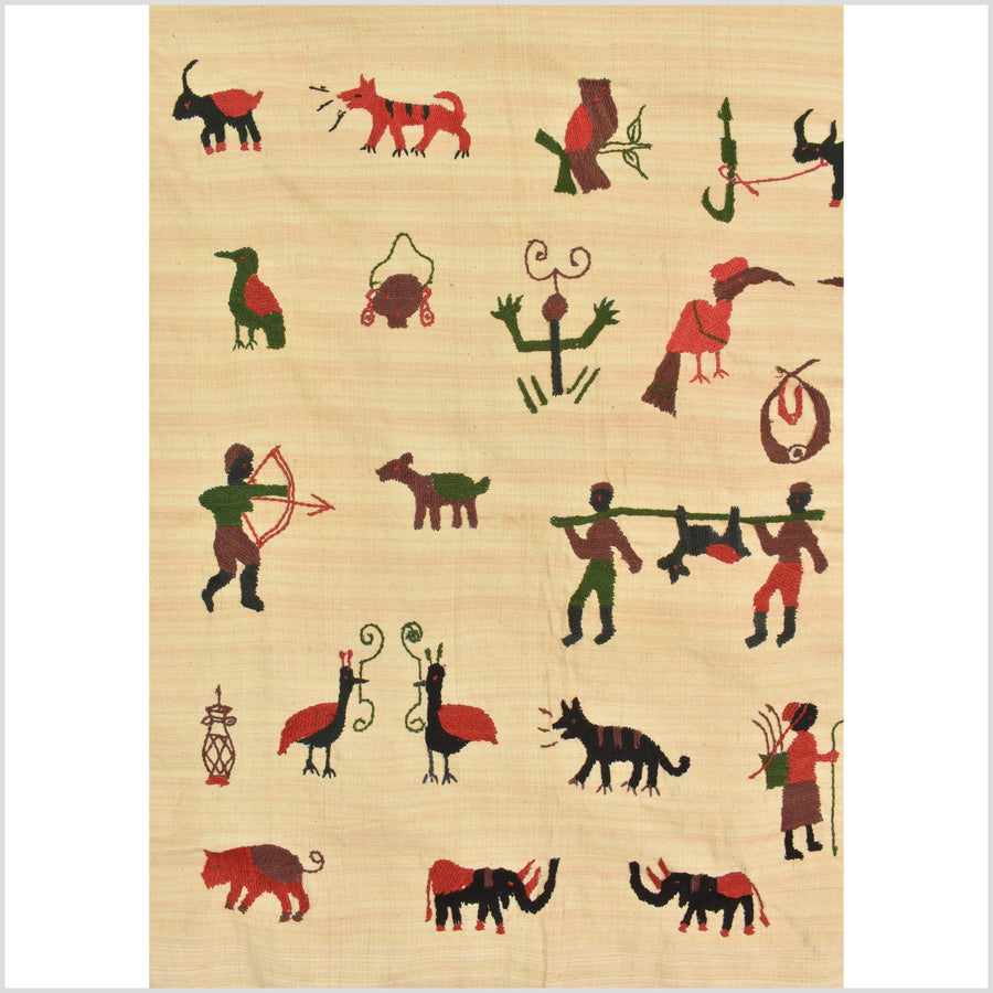 Straw yellow cotton story quilt Naga tribal textile ethnic embroidered boho fabric Burma hill tribe tapestry Thailand India Hmong MP97