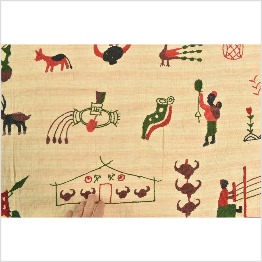 Straw yellow cotton story quilt Naga tribal textile ethnic embroidered boho fabric Burma hill tribe tapestry Thailand India Hmong MP97