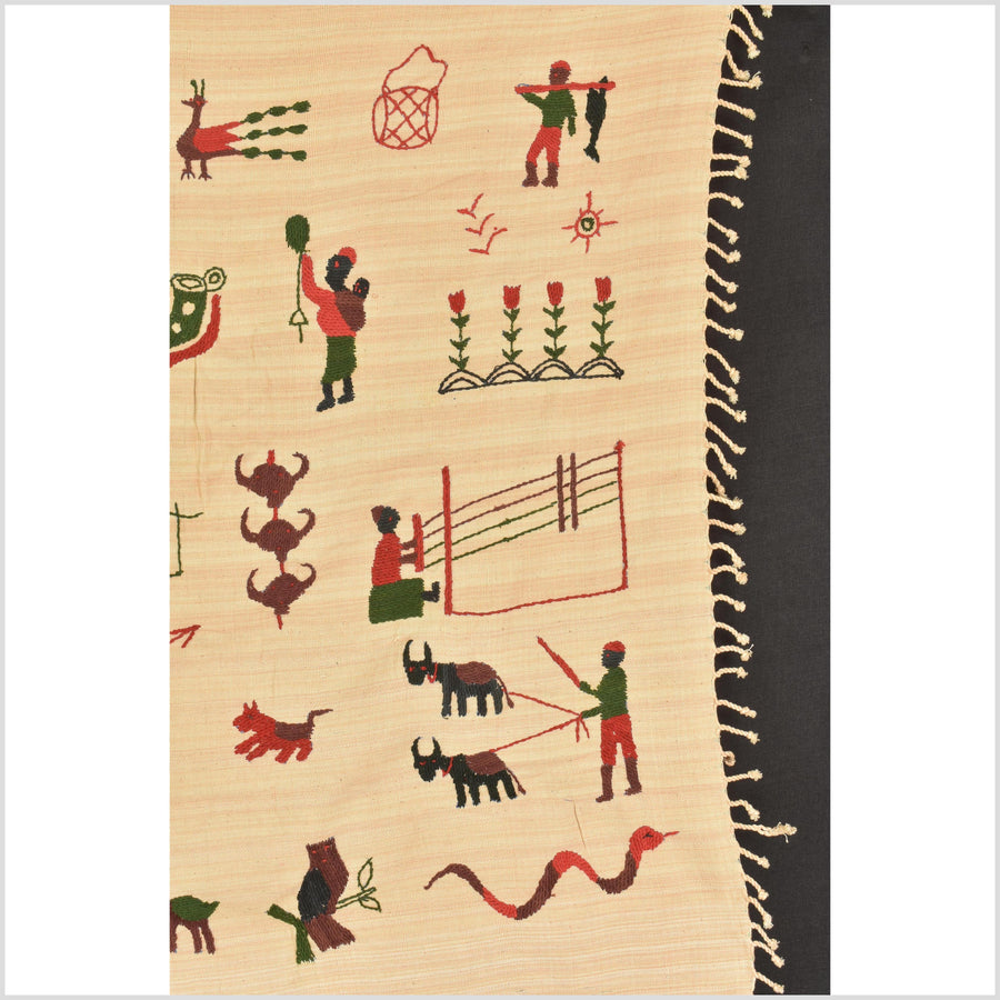 Straw yellow cotton story quilt Naga tribal textile ethnic embroidered boho fabric Burma hill tribe tapestry Thailand India Hmong MP97