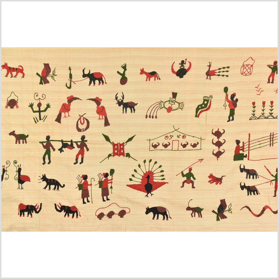 Straw yellow cotton story quilt Naga tribal textile ethnic embroidered boho fabric Burma hill tribe tapestry Thailand India Hmong MP97