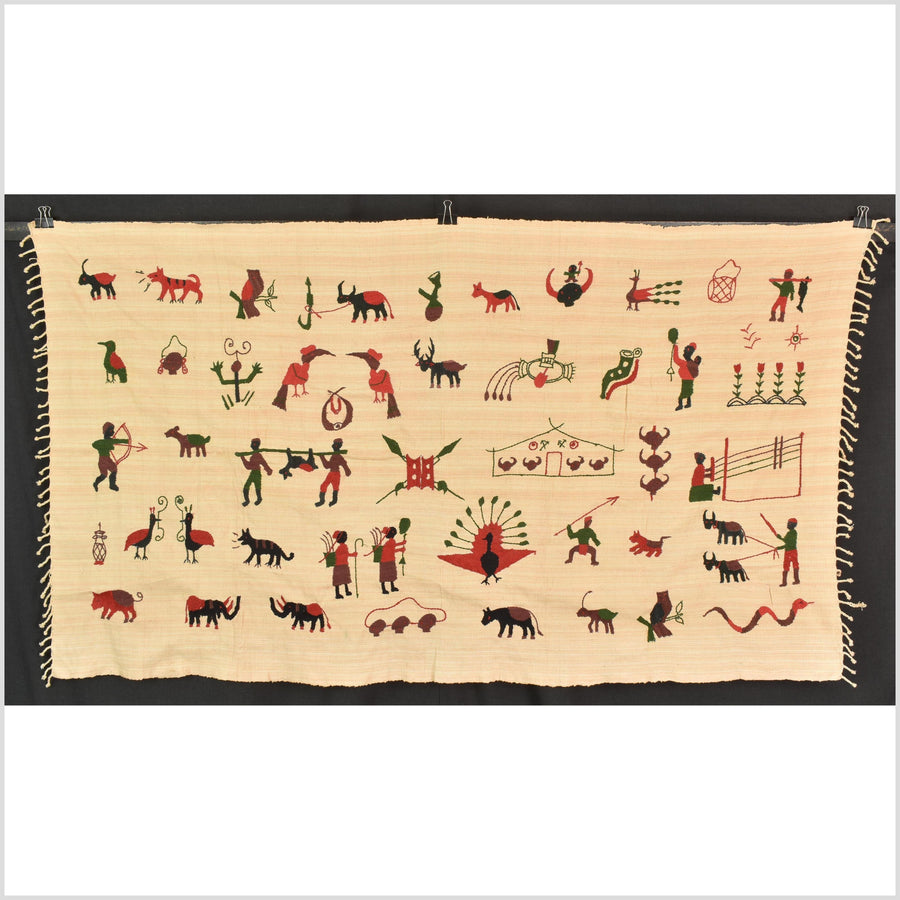 Straw yellow cotton story quilt Naga tribal textile ethnic embroidered boho fabric Burma hill tribe tapestry Thailand India Hmong MP97