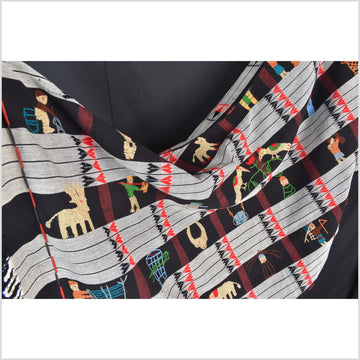 Unusual gray black grid style cotton story quilt Naga tribal textile ethnic embroidered boho fabric Burma hill tribe tapestry Thailand India Hmong mp9