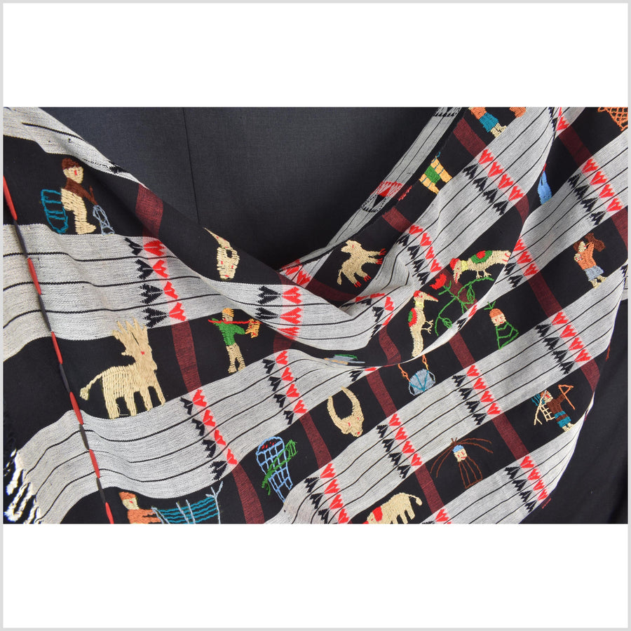 Unusual gray black grid style cotton story quilt Naga tribal textile ethnic embroidered boho fabric Burma hill tribe tapestry Thailand India Hmong mp9