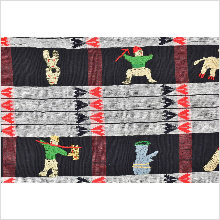 Unusual gray black grid style cotton story quilt Naga tribal textile ethnic embroidered boho fabric Burma hill tribe tapestry Thailand India Hmong mp9