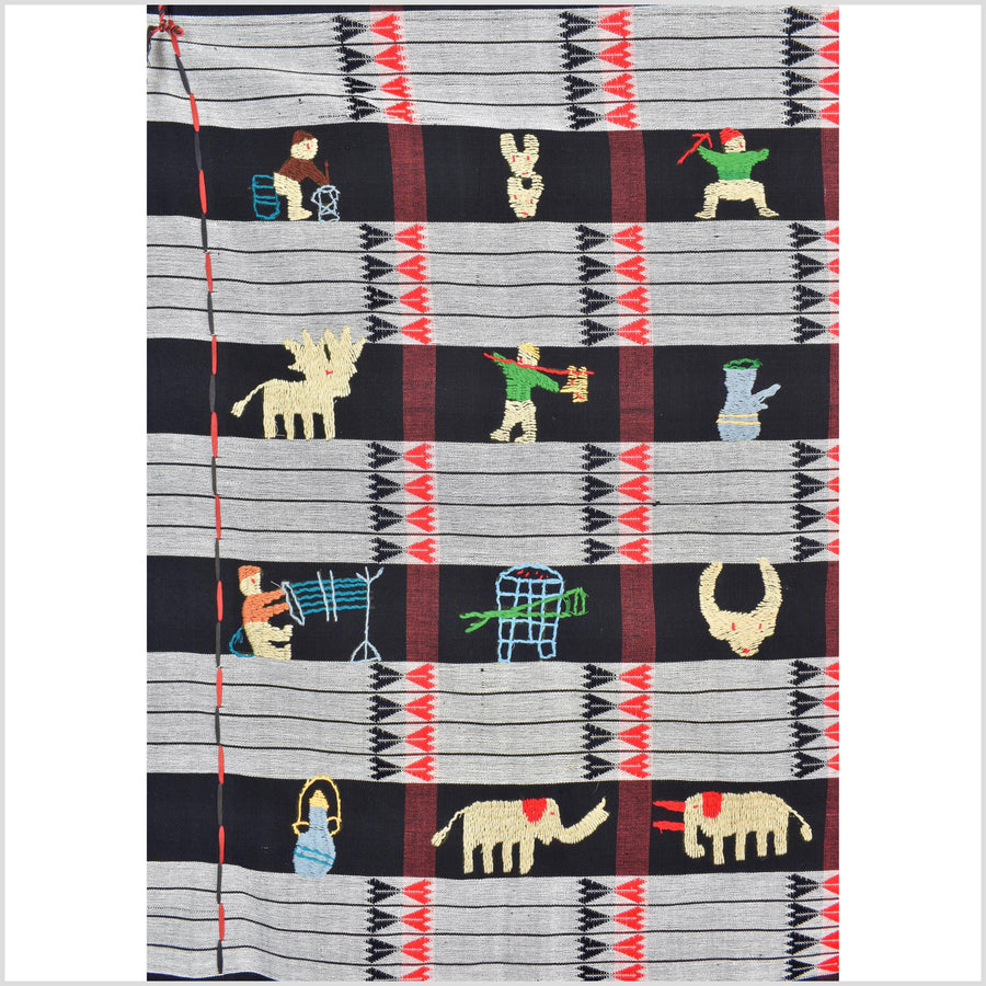 Unusual gray black grid style cotton story quilt Naga tribal textile ethnic embroidered boho fabric Burma hill tribe tapestry Thailand India Hmong mp9
