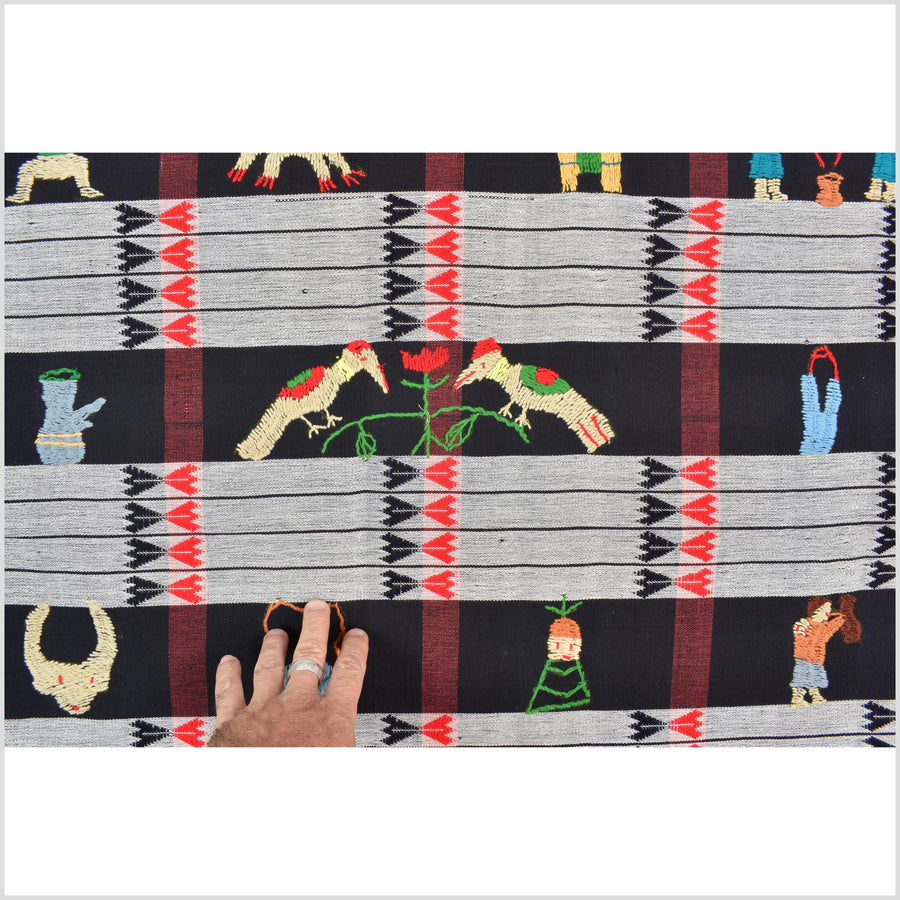 Unusual gray black grid style cotton story quilt Naga tribal textile ethnic embroidered boho fabric Burma hill tribe tapestry Thailand India Hmong mp9