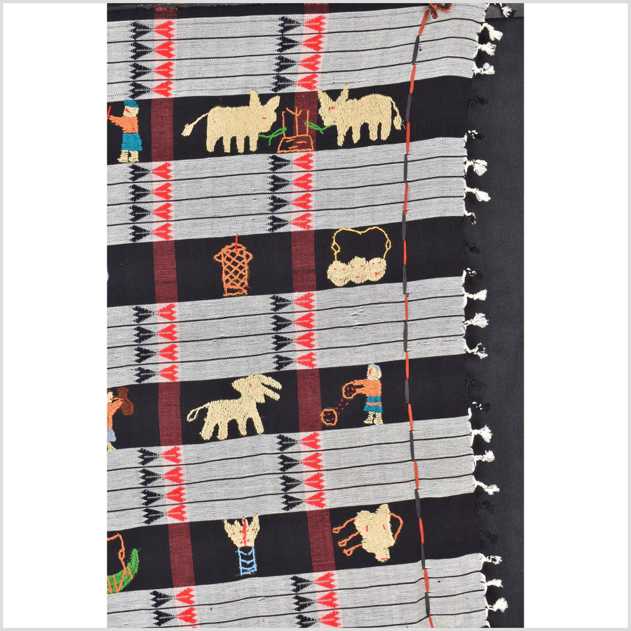 Unusual gray black grid style cotton story quilt Naga tribal textile ethnic embroidered boho fabric Burma hill tribe tapestry Thailand India Hmong mp9