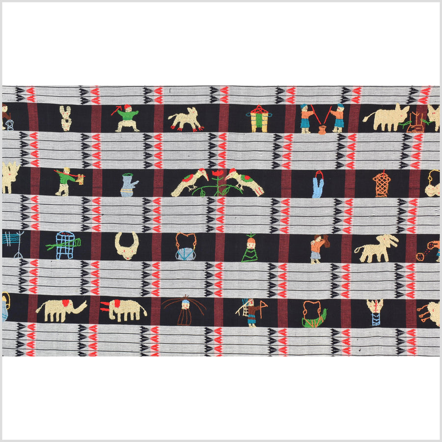Unusual gray black grid style cotton story quilt Naga tribal textile ethnic embroidered boho fabric Burma hill tribe tapestry Thailand India Hmong mp9